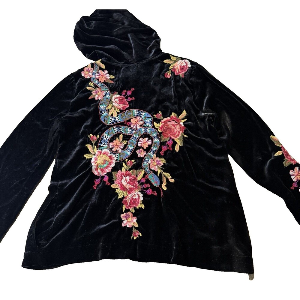 Johnny Was Black Velvet Silk Blend Embroidered Snake Malui Zip Hoodie Jacket S - Picture 3 of 7